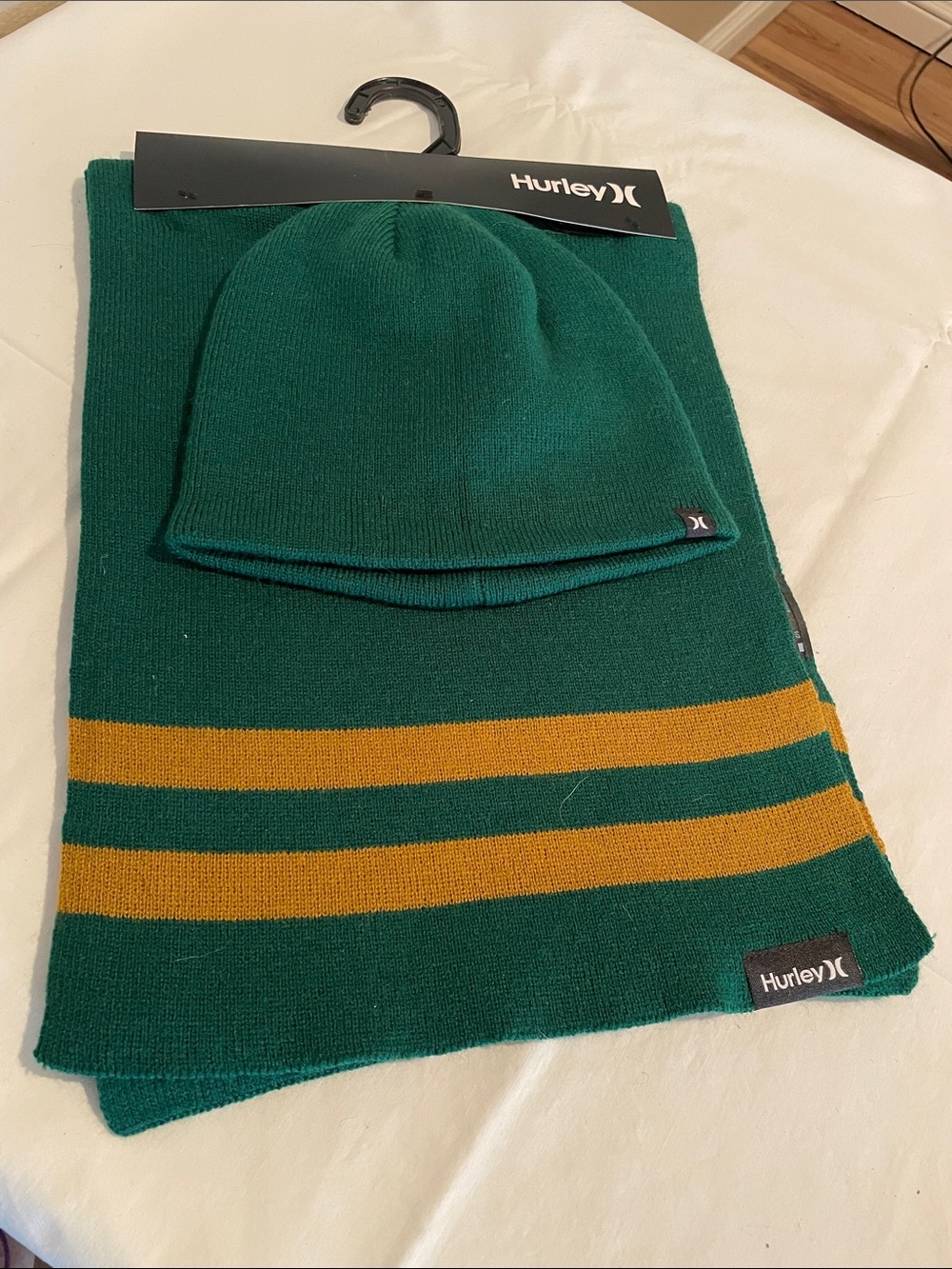 Hurley Green Knit Beanie and Scarf Set with Mustard Stripes
